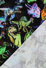 French terry digitaal bedrukt dinosaurrussen zwart