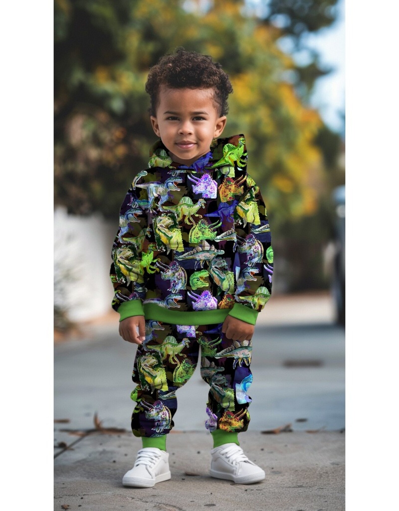 French terry digitaal bedrukt dinosaurrussen zwart