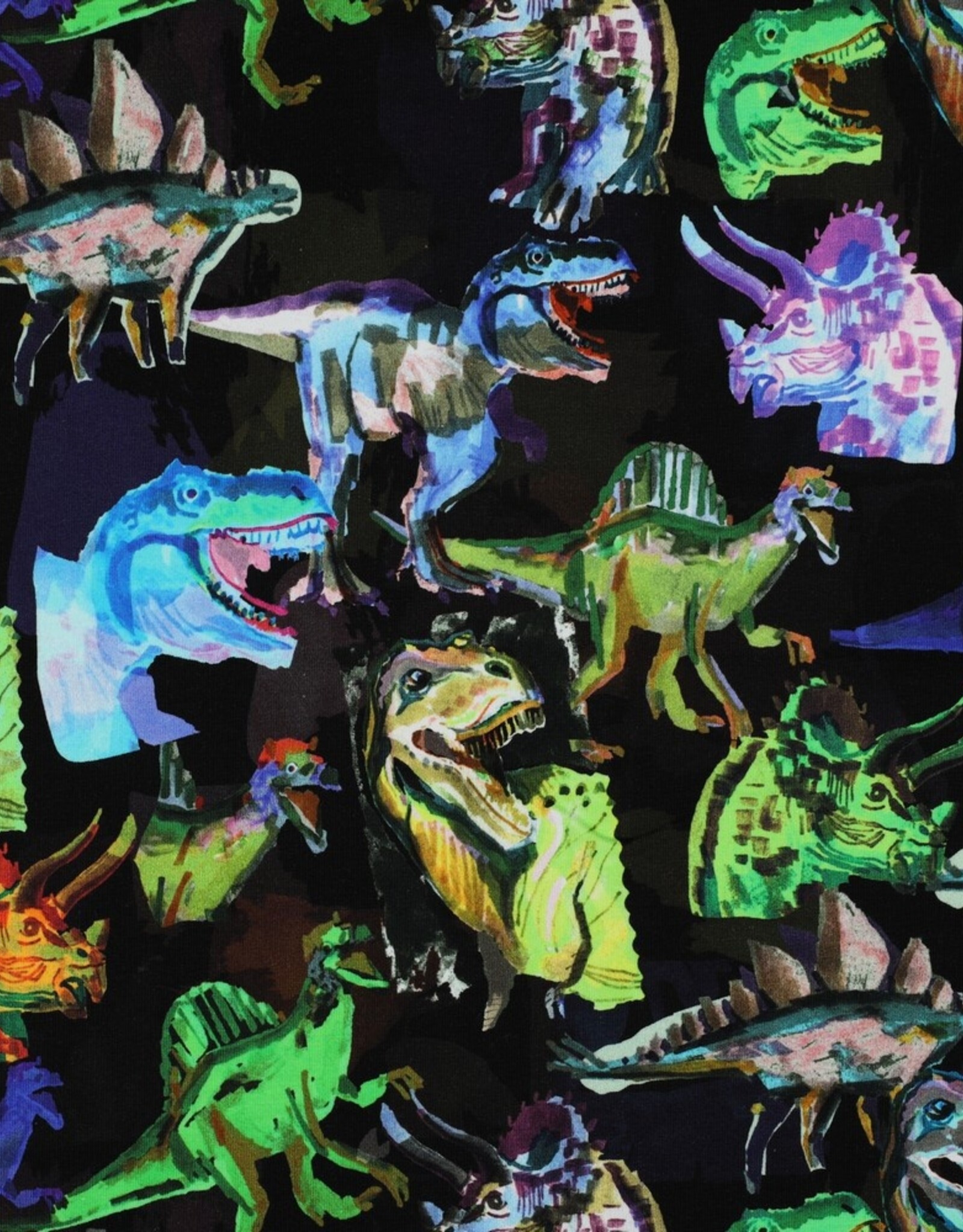 French terry digitaal bedrukt dinosaurrussen zwart