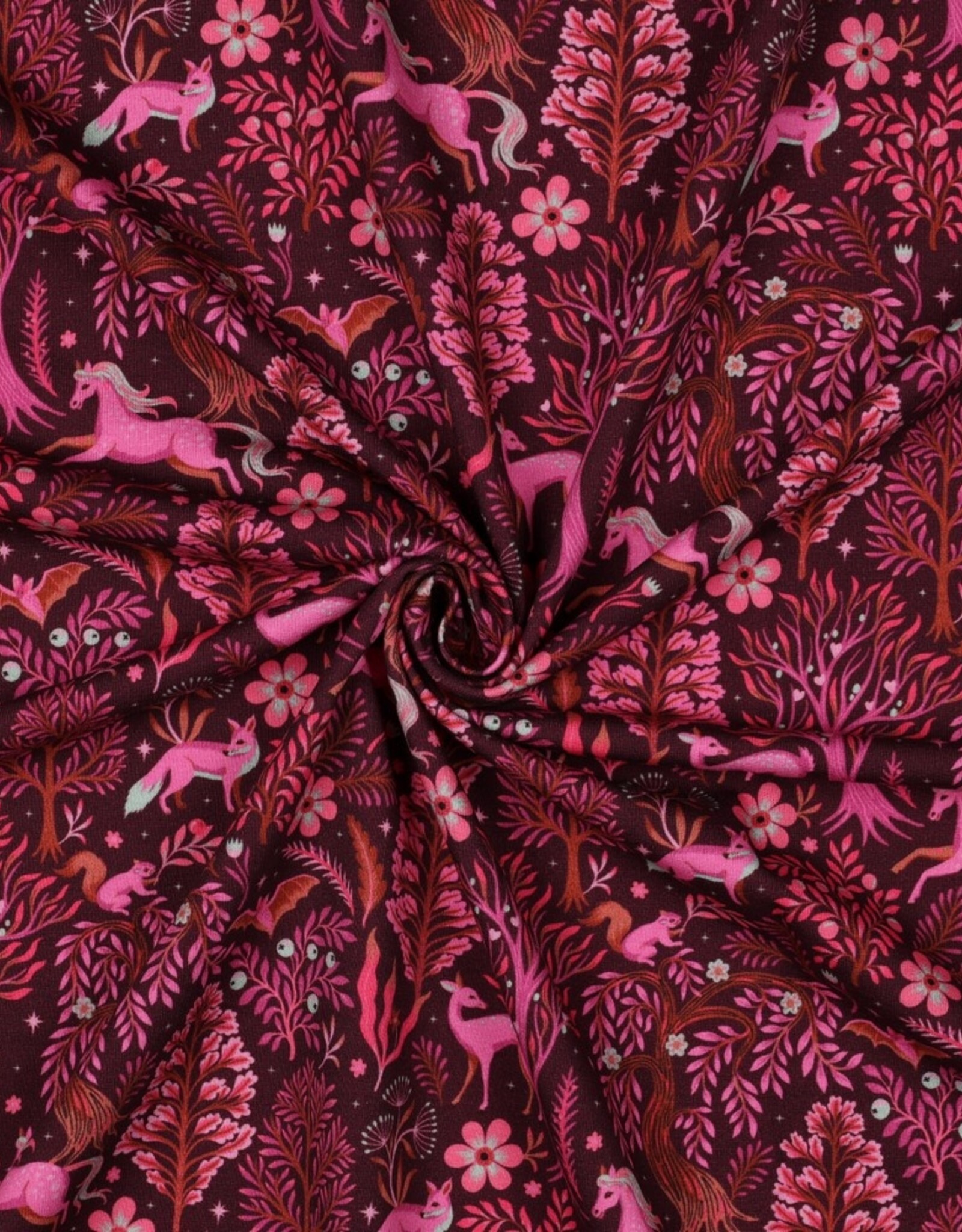 French terry digitaal bedrukt fuchsia bosdieren bordeau