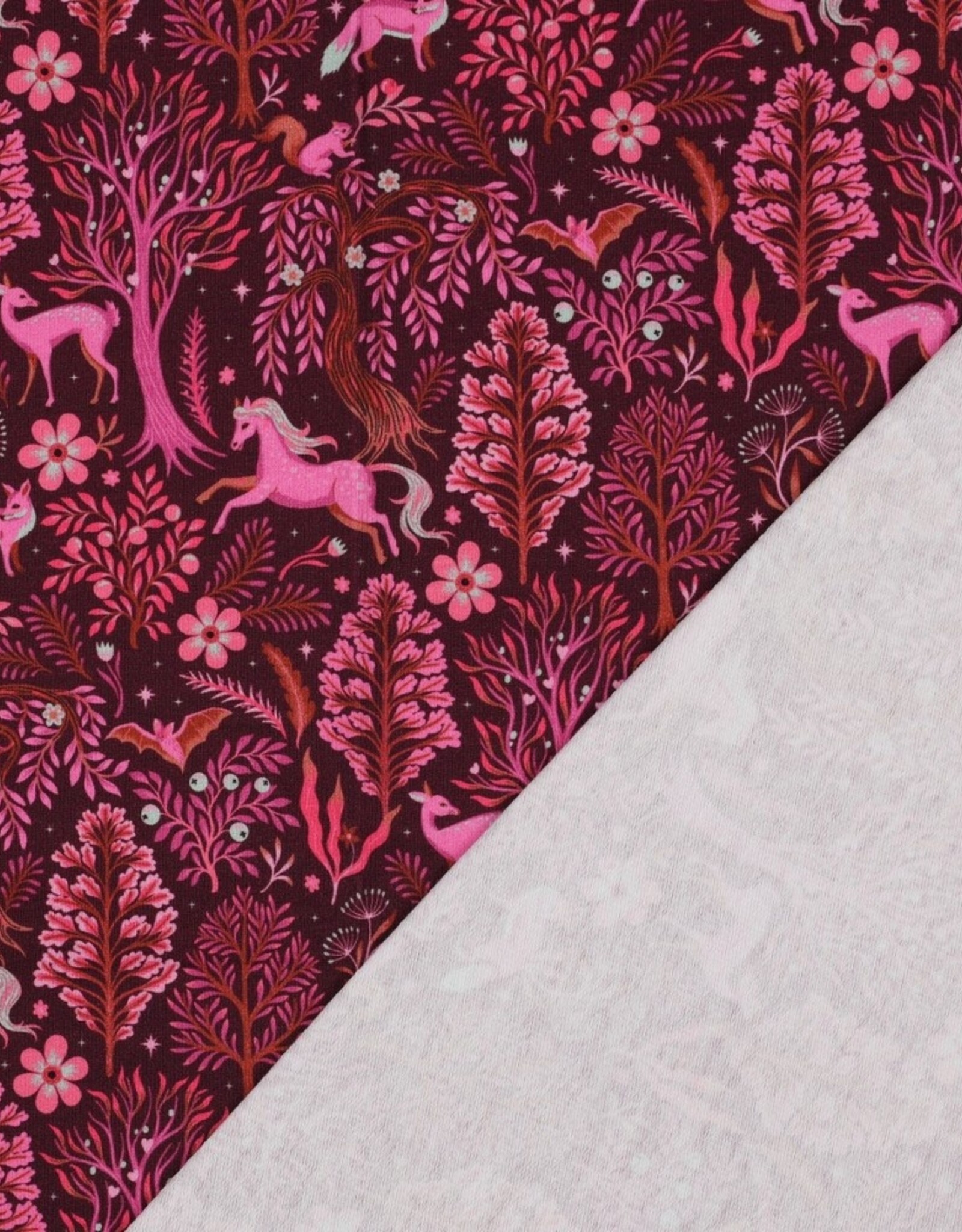 French terry digitaal bedrukt fuchsia bosdieren bordeau