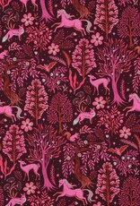 French terry digitaal bedrukt fuchsia bosdieren bordeau