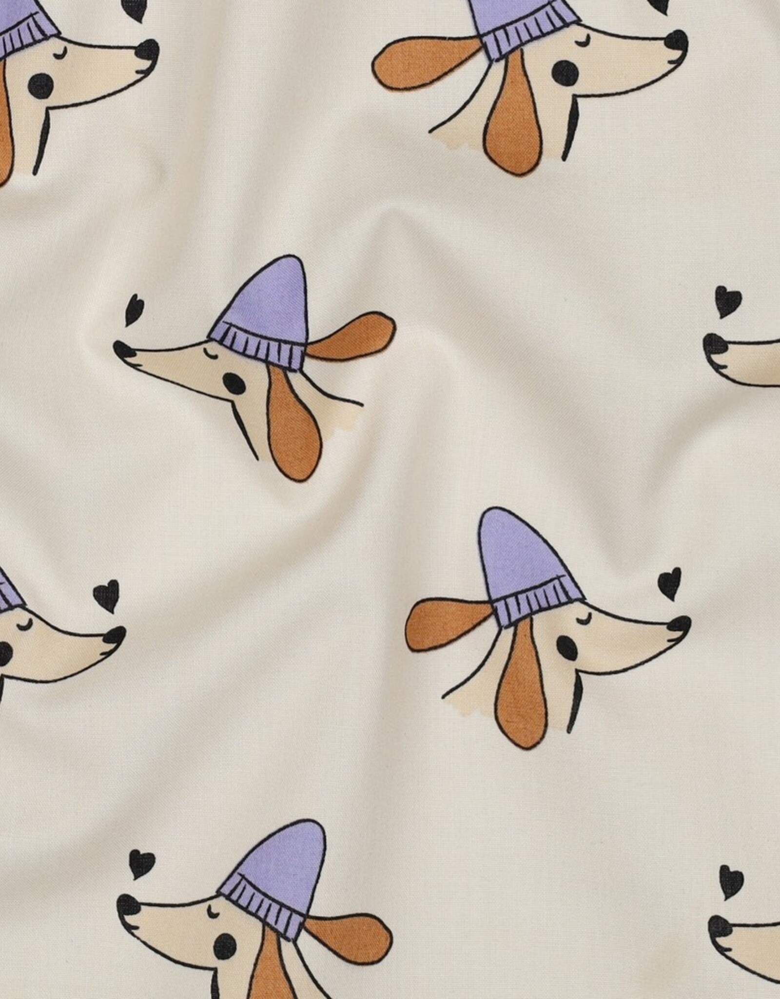 Katoen poplin dogs licht beige hond met paarse muts
