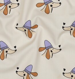 Katoen poplin dogs licht beige hond met paarse muts