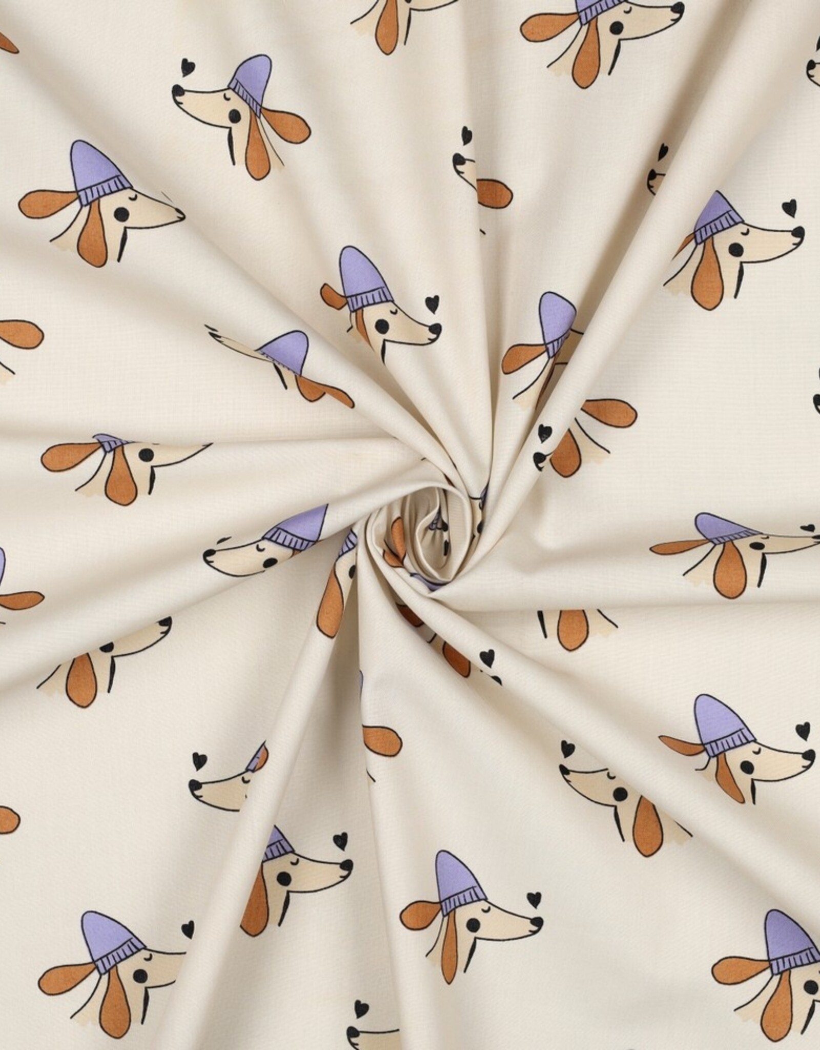 Katoen poplin dogs licht beige hond met paarse muts