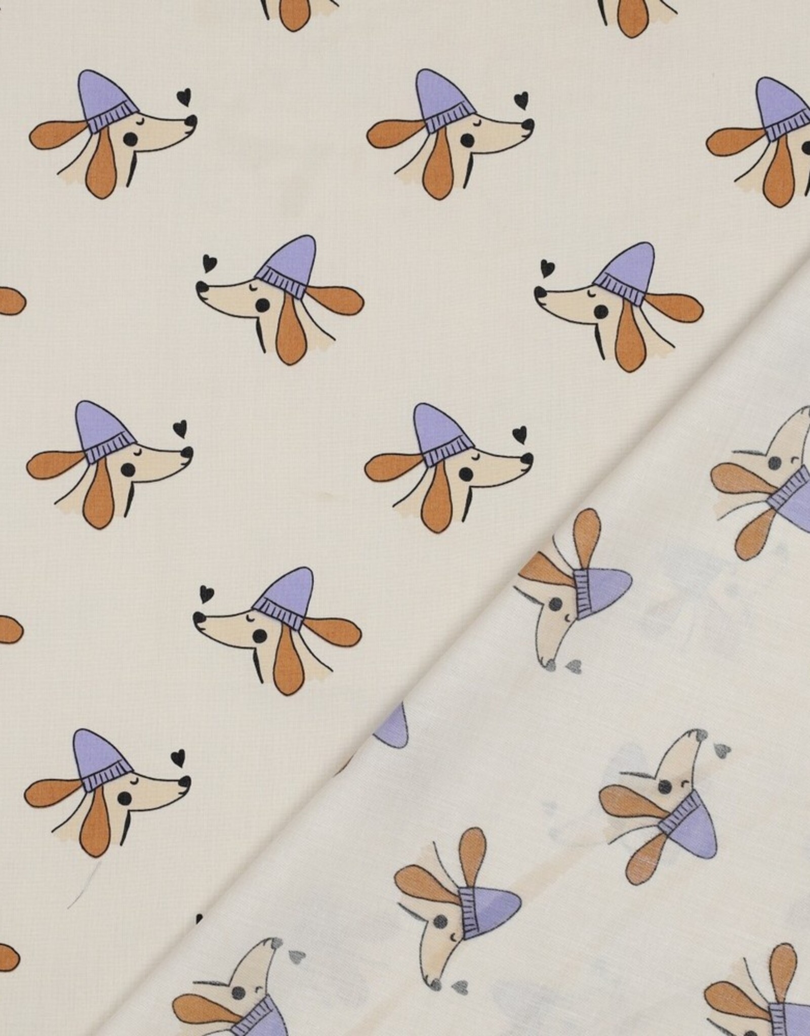 Katoen poplin dogs licht beige hond met paarse muts