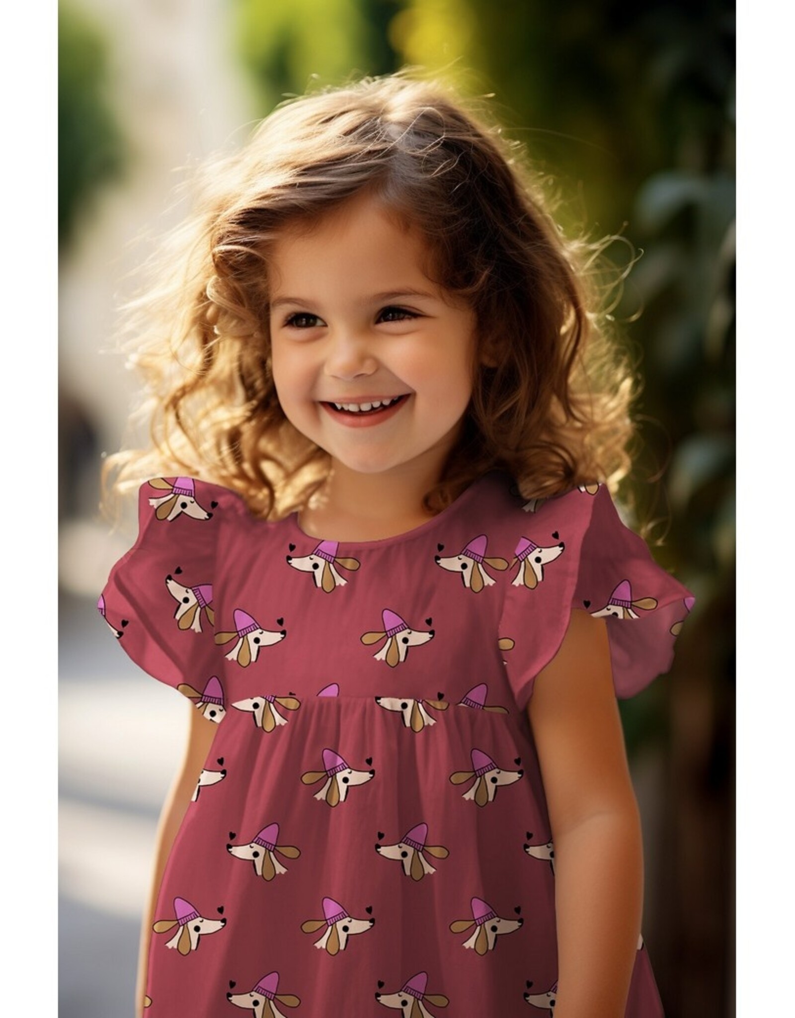 Katoen poplin dogs licht beige hond met paarse muts