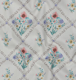 Katoen poplin romantisch gebloemd tegeltjesprint wit