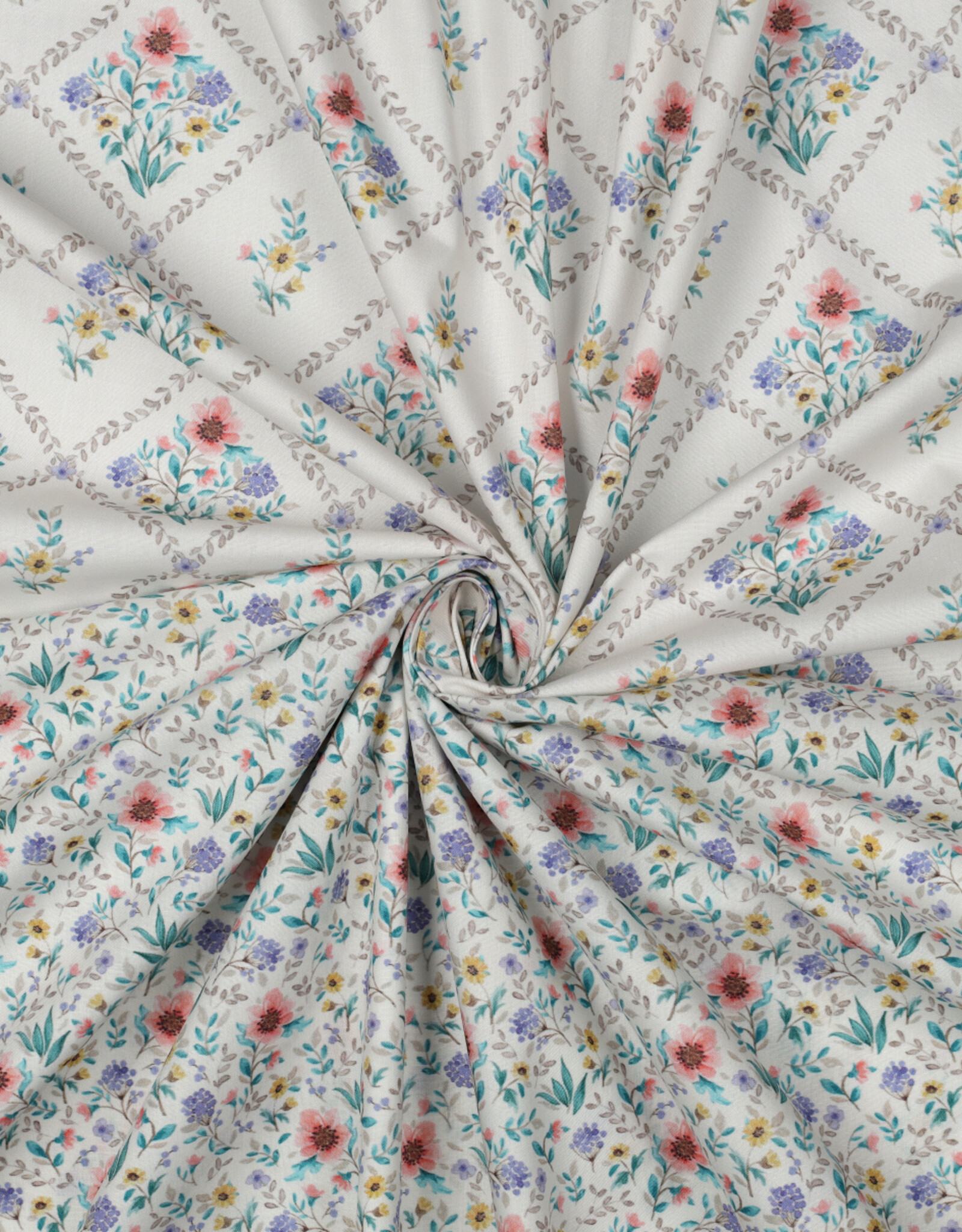 Katoen poplin romantisch gebloemd tegeltjesprint wit