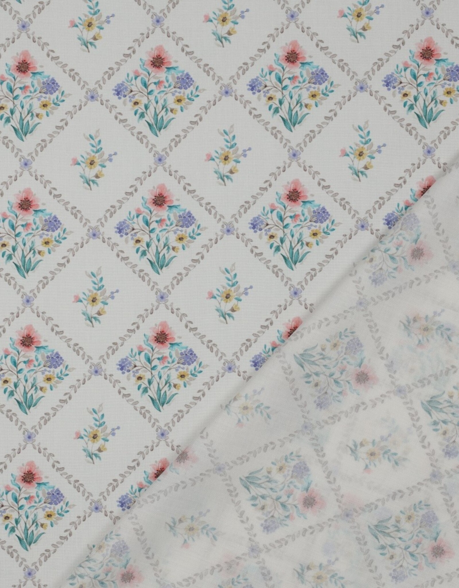 Katoen poplin romantisch gebloemd tegeltjesprint wit