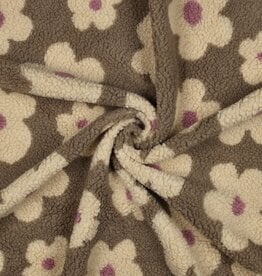 Teddy flowers licht kaki met beige/lila bloem