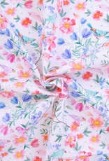 Katoen poplin vogeltjes en bloemetjes witte achtergrond