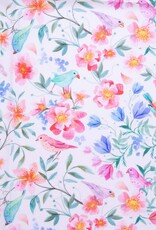 Katoen poplin vogeltjes en bloemetjes witte achtergrond