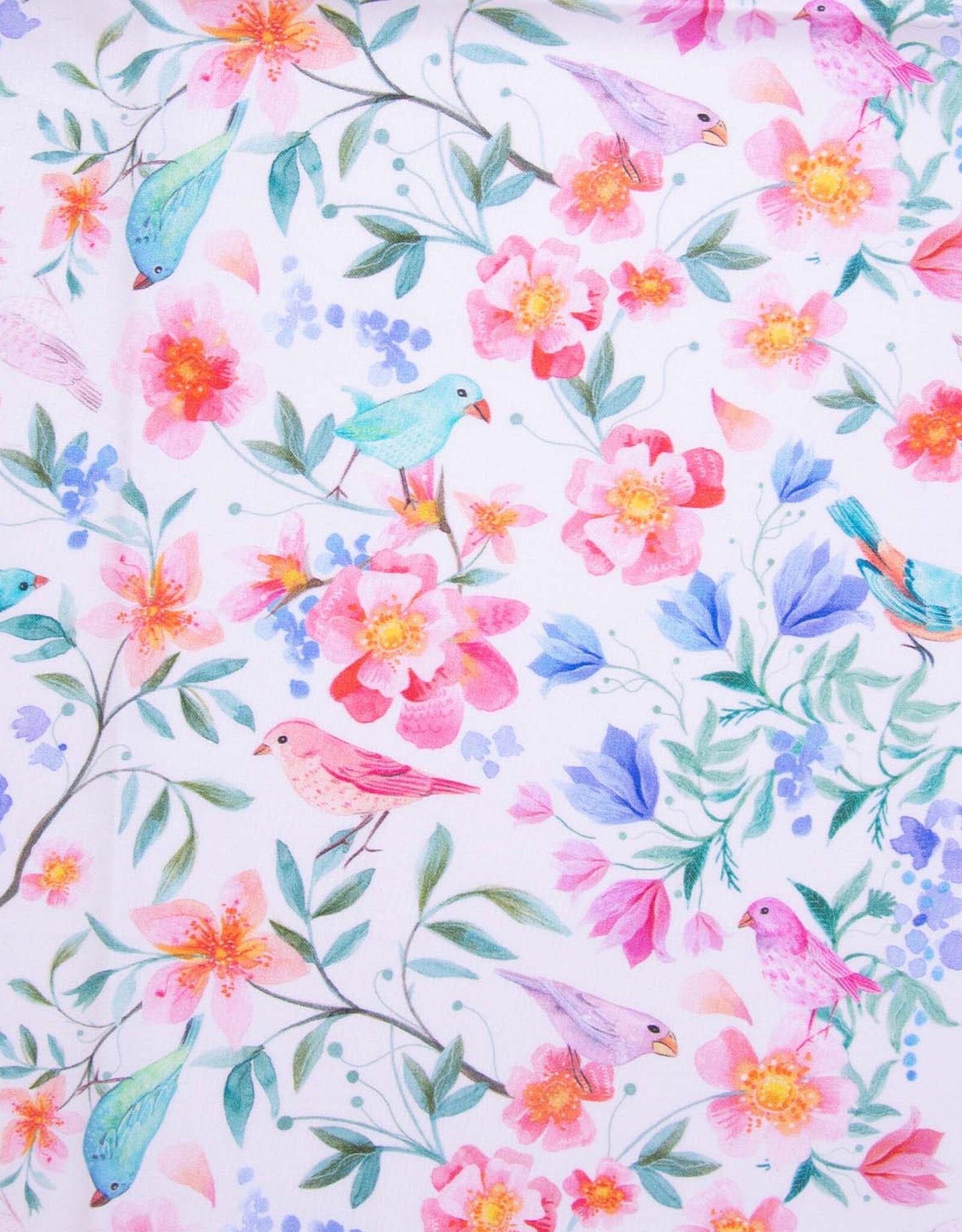 Katoen poplin vogeltjes en bloemetjes witte achtergrond