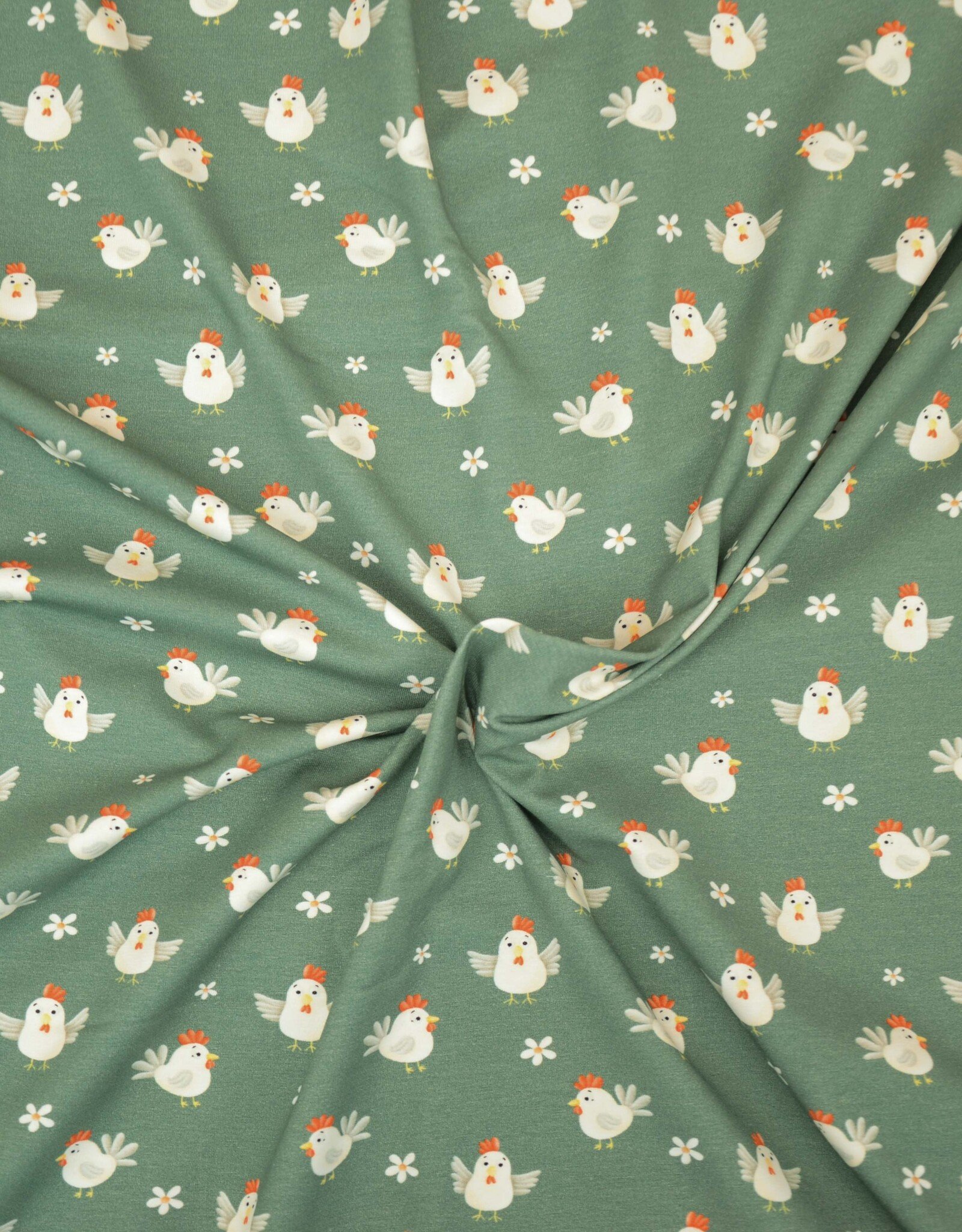 Katoenjersey Kleine Farm kippetjes groen
