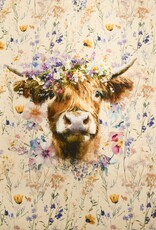 Paneel jersey Alma highlander cow flowers 110x150cm