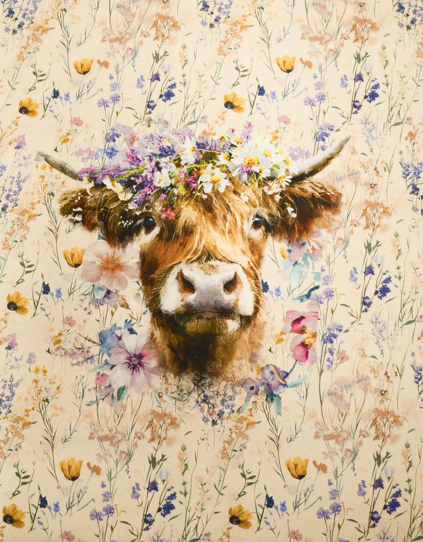 Paneel jersey Alma highlander cow flowers 110x150cm