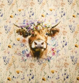 Paneel jersey Alma highlander cow flowers 110x150cm