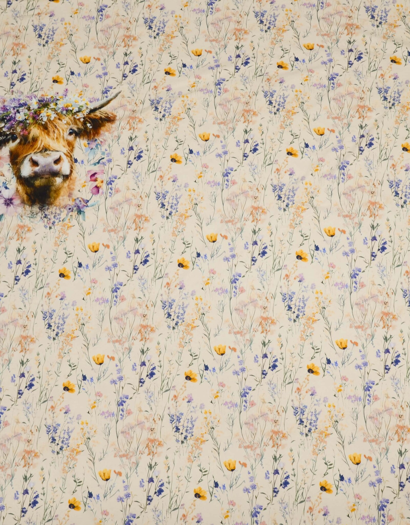 Paneel jersey Alma highlander cow flowers 110x150cm