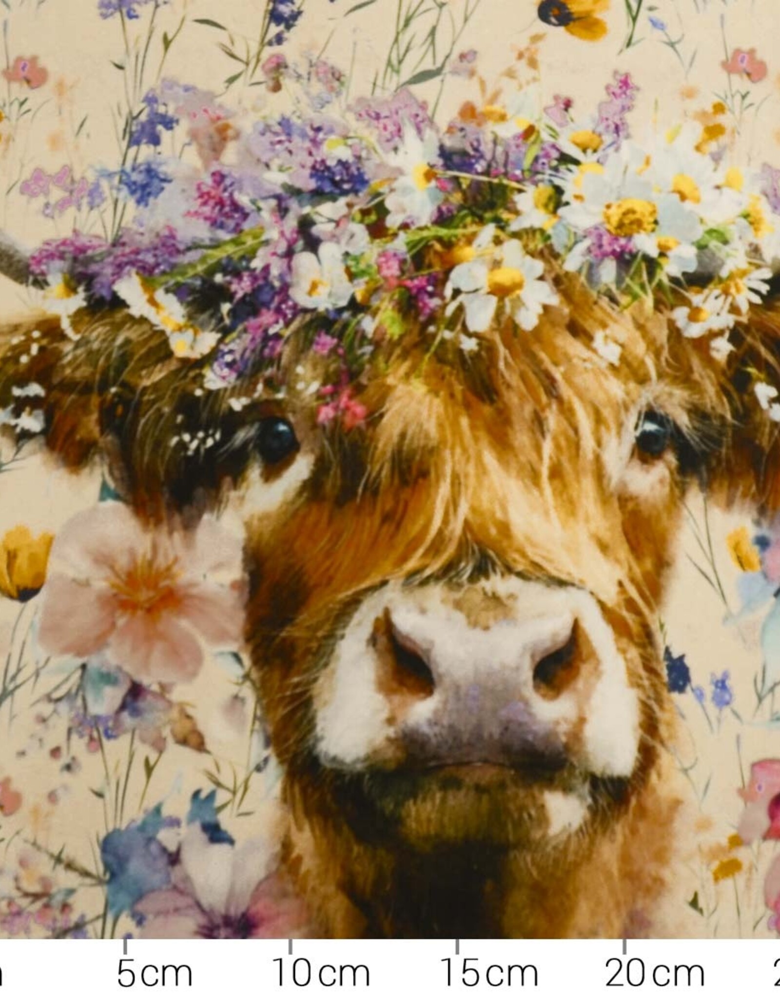 Paneel jersey Alma highlander cow flowers 110x150cm