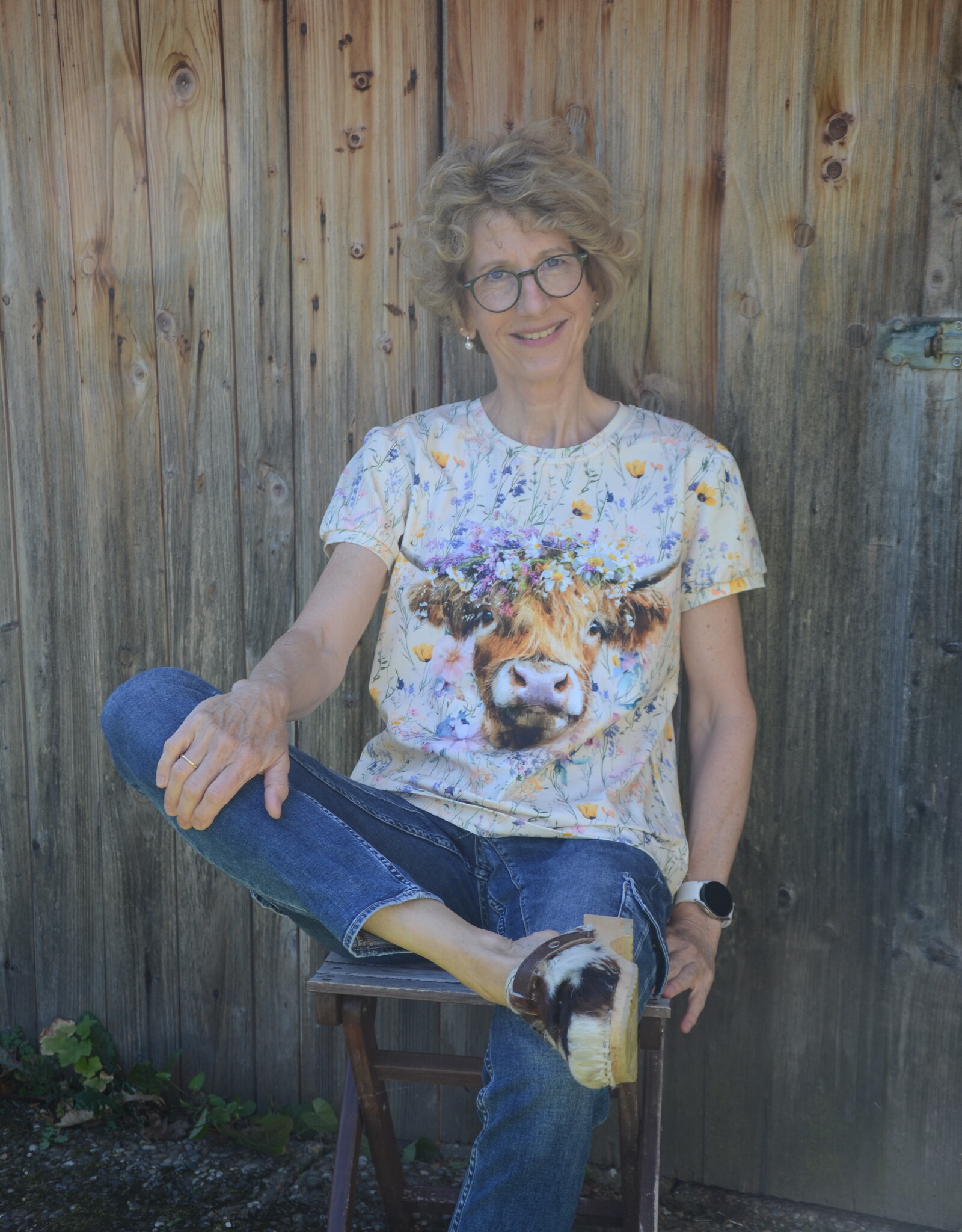 Paneel jersey Alma highlander cow flowers 110x150cm