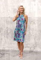 Crepe met structuur turquoise/aubergine bladeren - My Image