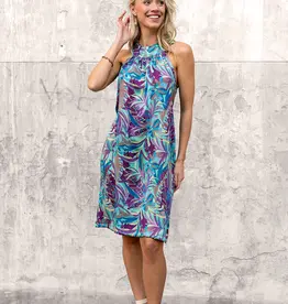 Crepe met structuur turquoise/aubergine bladeren - My Image