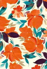 Satijn wit met grote oranje bloemen bedrukking