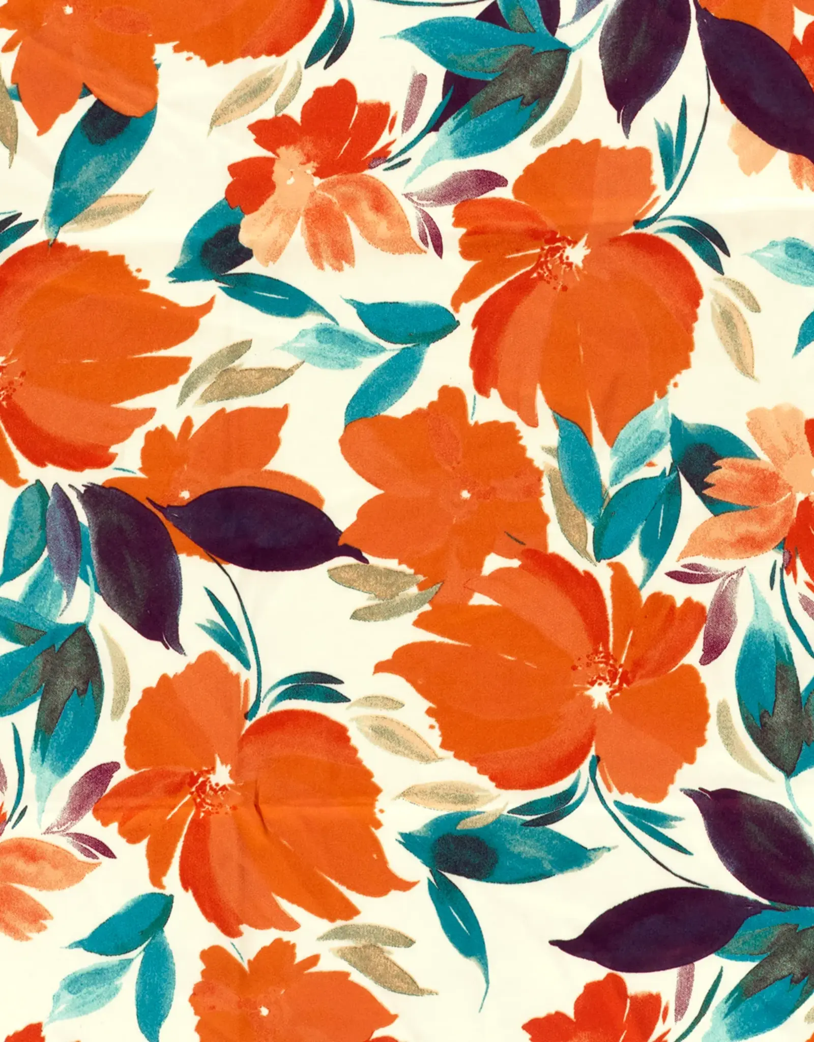 Satijn wit met grote oranje bloemen bedrukking