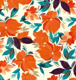 Satijn wit met grote oranje bloemen bedrukking