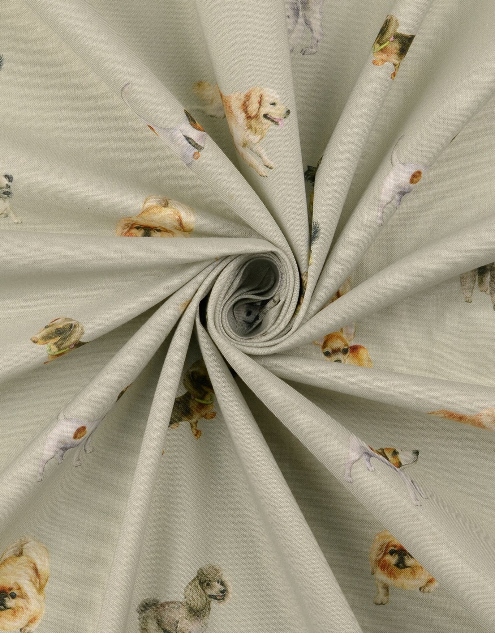 Digitaal bedrukt popline katoen lichtgrijs honden dogs