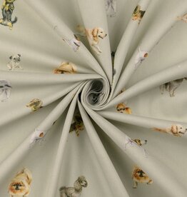 Digitaal bedrukt popline katoen lichtgrijs honden dogs