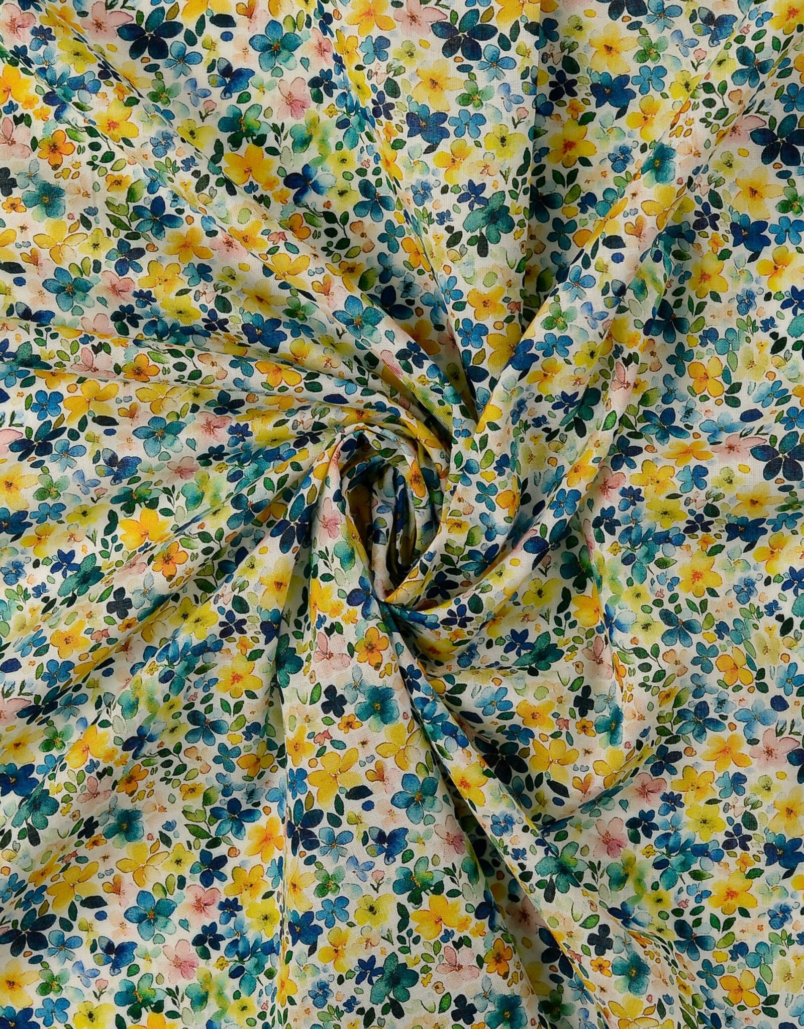 Zacht katoen popline gebloemd retro petrol/geel