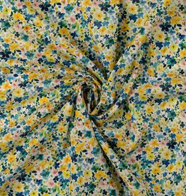 Zacht katoen popline gebloemd retro petrol/geel
