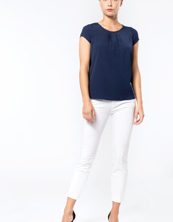 Dames blouse korte mouw blauw of wit