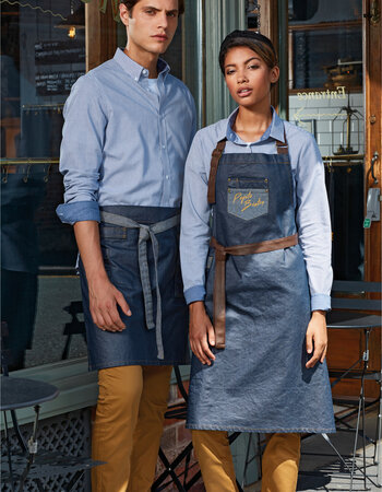 Schort Waxed Look Denim Bib Apron / Faux Leather / Black Tan Denim