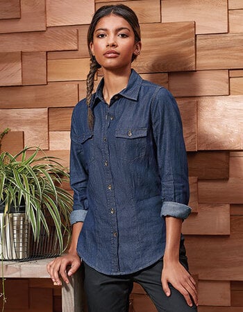 Dames jeans stitch denim shirt blauw of zwart