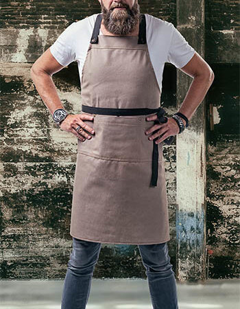 Schort denim met 3 sets gekruiste banden zwart, cognac en oranje
