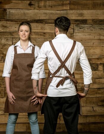 Denim halterschort met vaste kruisbanden in 8  kleuren