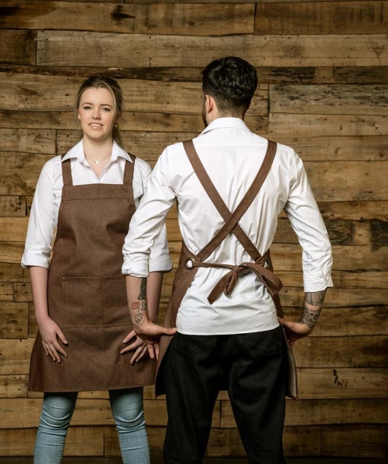 Denim halterschort met vaste kruisbanden in 8  kleuren