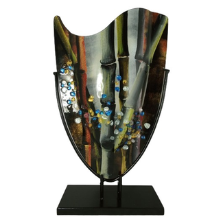 Glaskunst vaas 'Bamboe' handbeschilderd + metaal H48cm