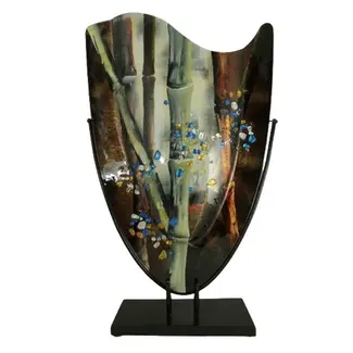 Glaskunst vaas 'Bamboe' handbeschilderd + metaal H58cm