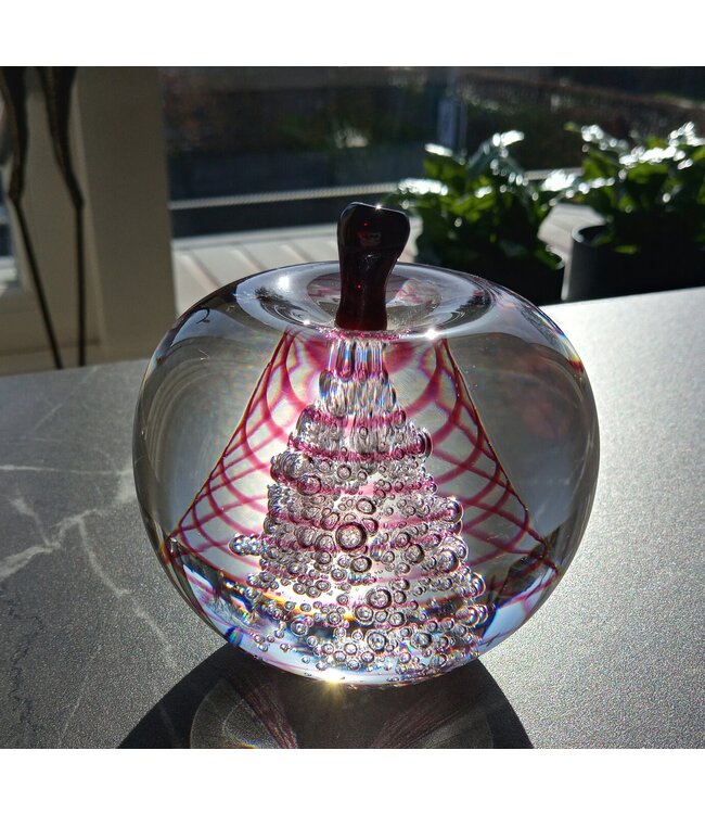 Leerdam Glasobjekt Apfel mit rosa Spirale 1990
