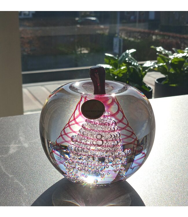 Leerdam Glasobjekt Apfel mit rosa Spirale 1990