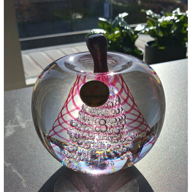 Leerdam glas object appel met roze spiraal 1990