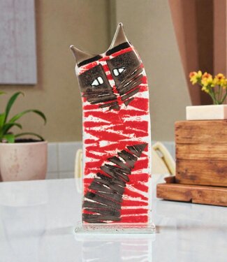 Glass Studio Habrat Habrat - Glazen Kat rood/zwart, 24cm