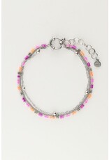 Armband 3 lagen zilver pink/orange