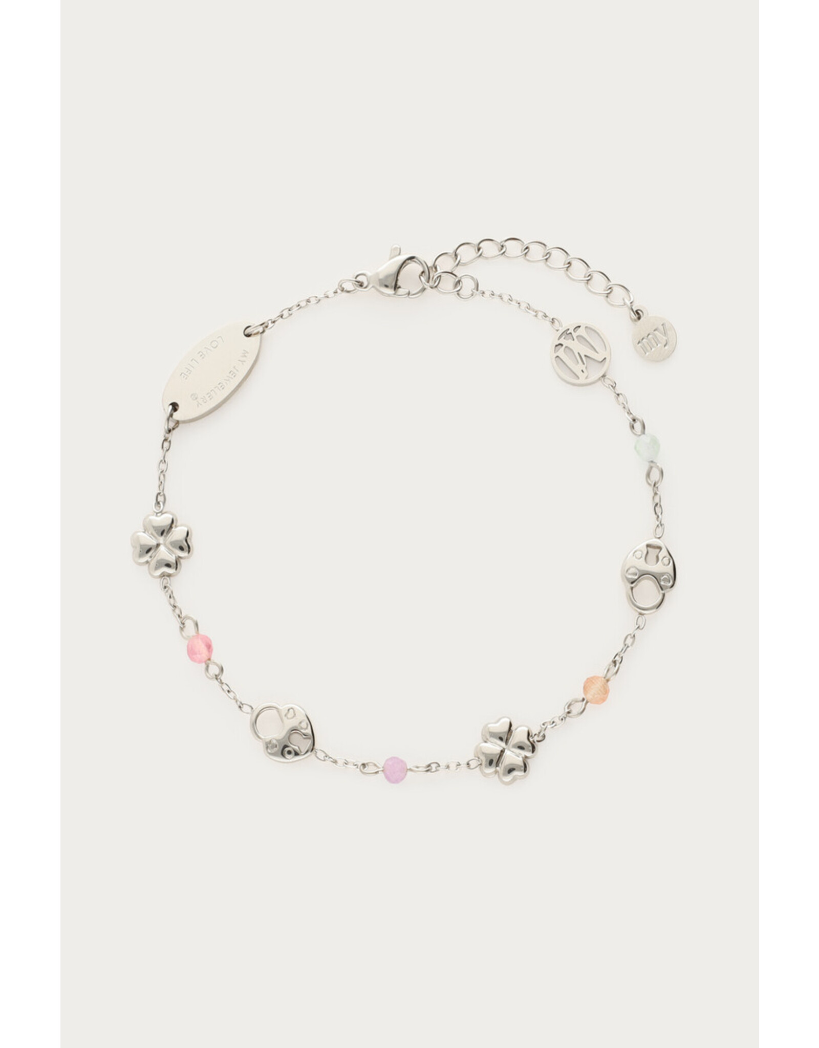 Armband klaver en slotje zilver