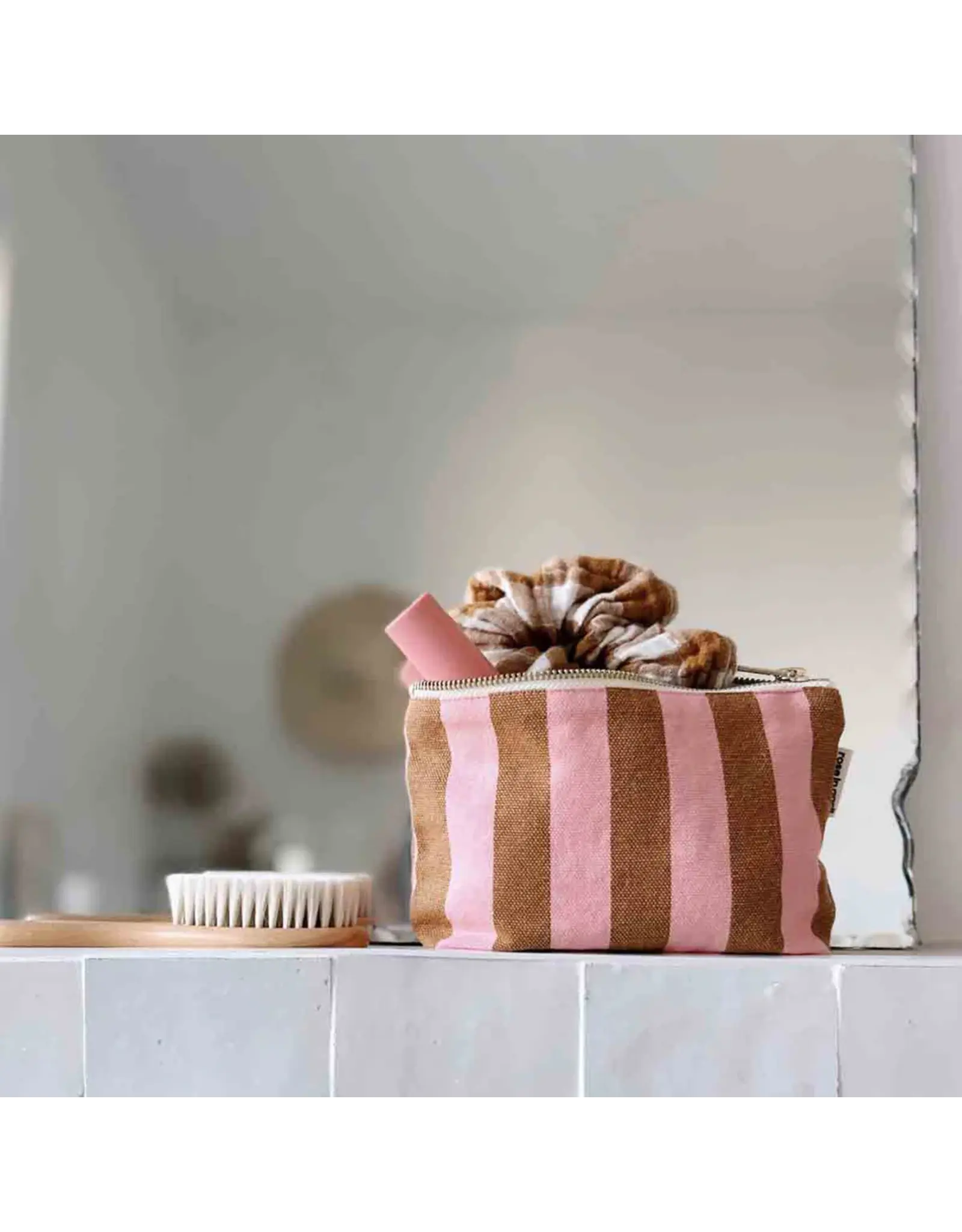 Make-up tasje Caramel/roze streep