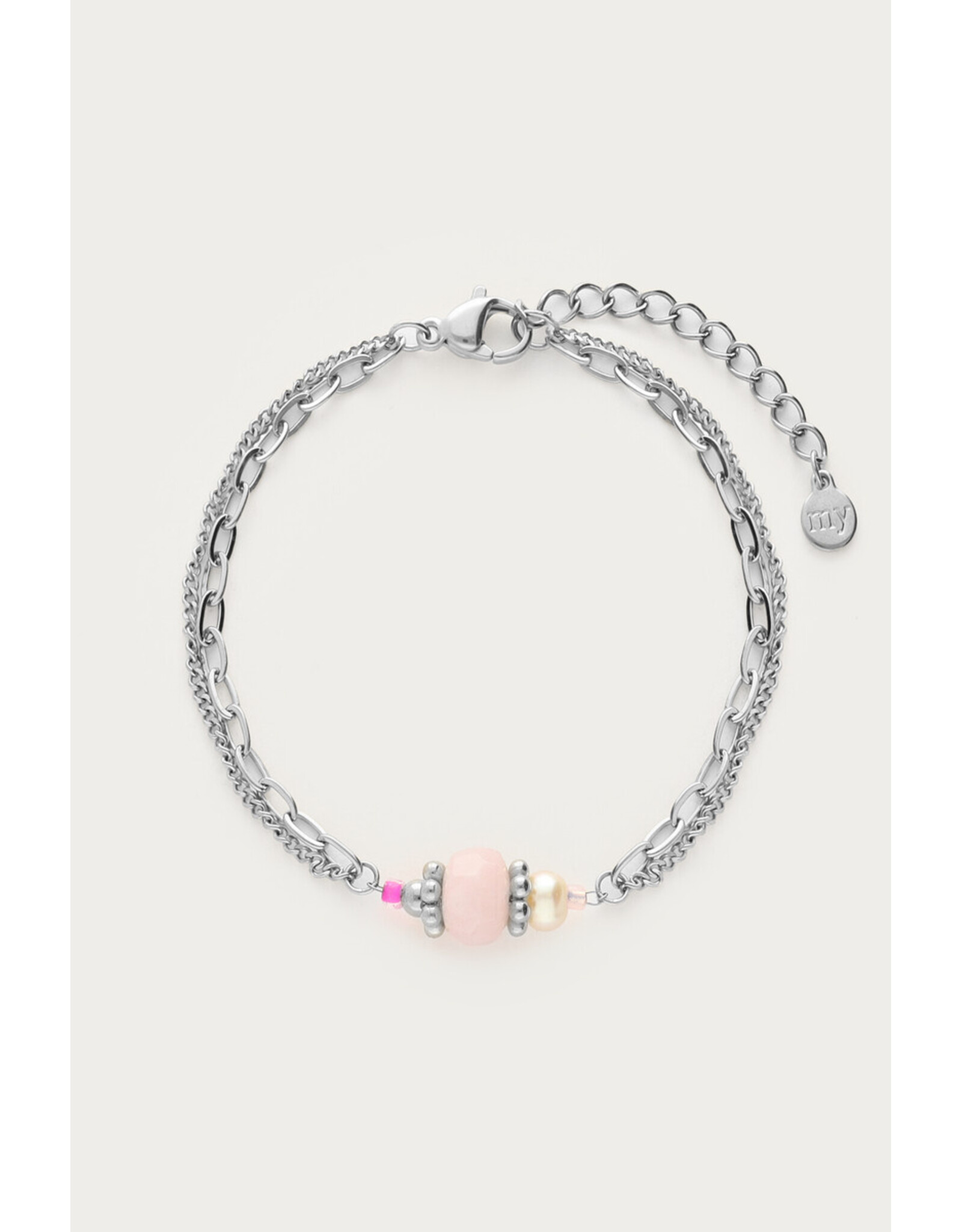 Dubbele armband roze kraal zilver